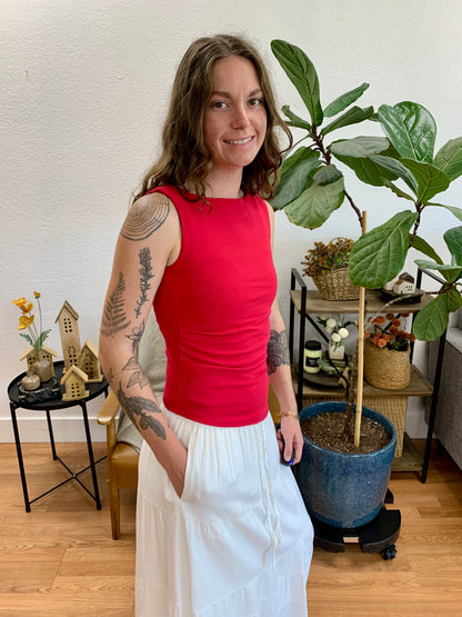 Red Asymmetrical Boat Neck Top