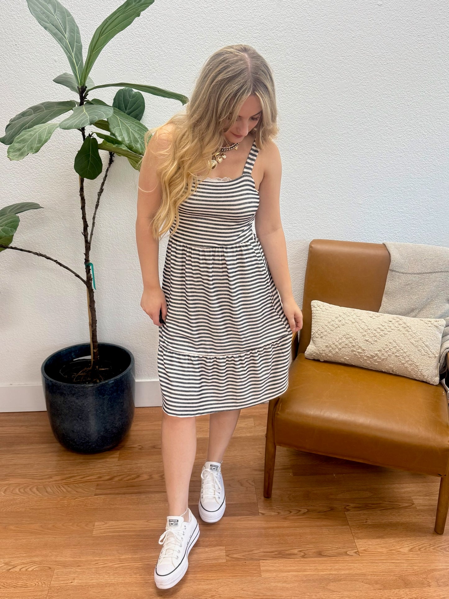White/Navy Stripe Tiered Dress