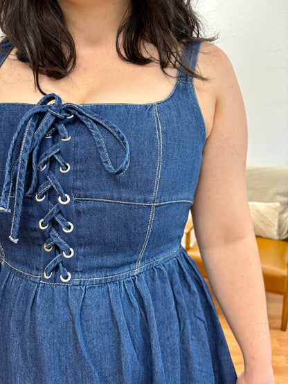 Denim Lace Up Midi Dress