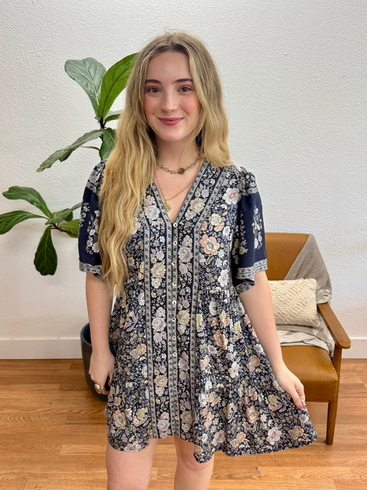 Navy Shirring Woven Mini Dress