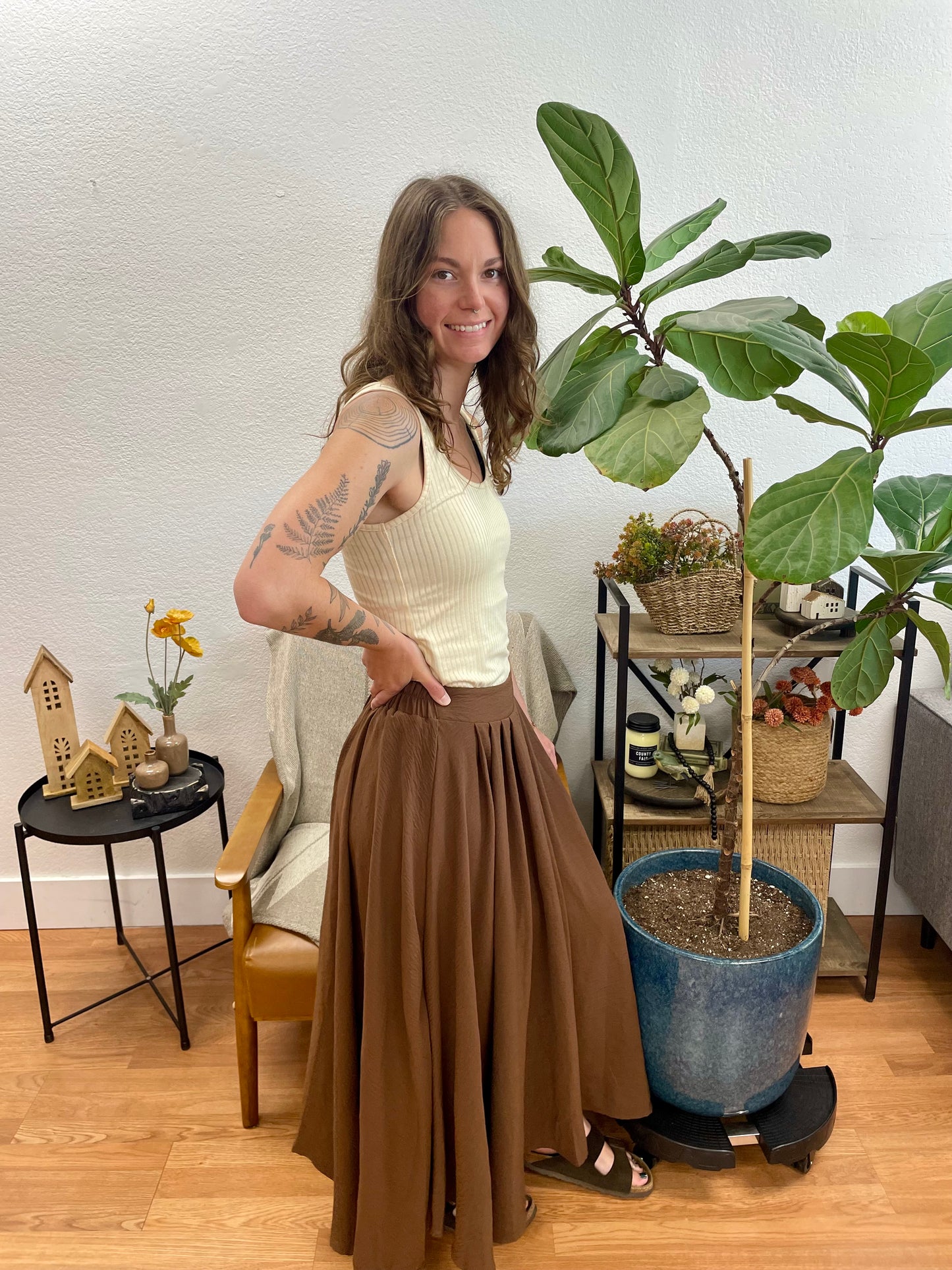 Brown Box Pleated Midi Skirt