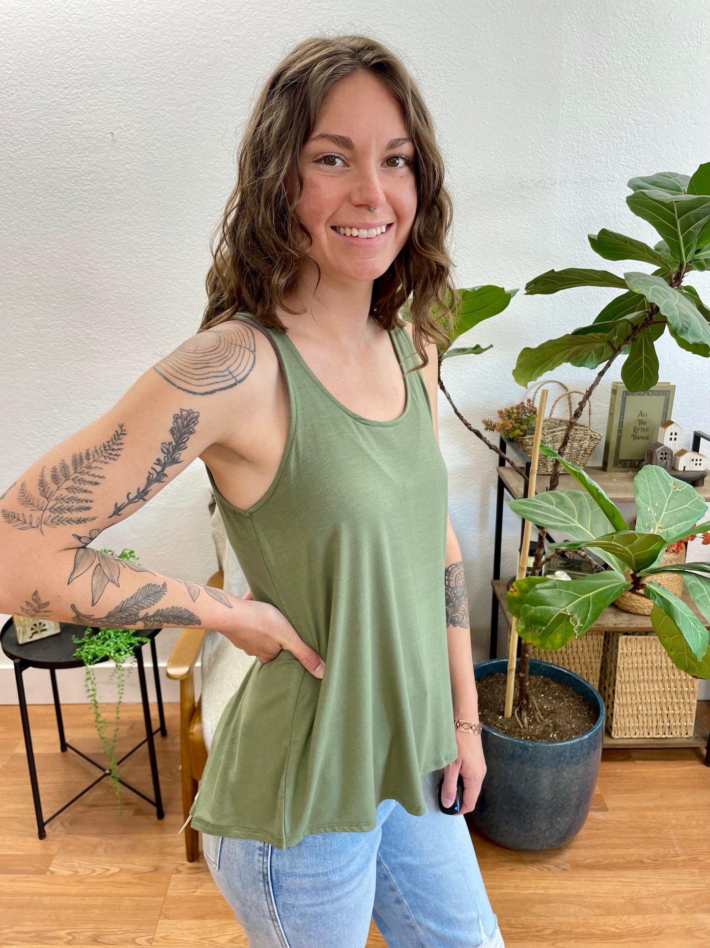 Olive Flowy Hem Tank