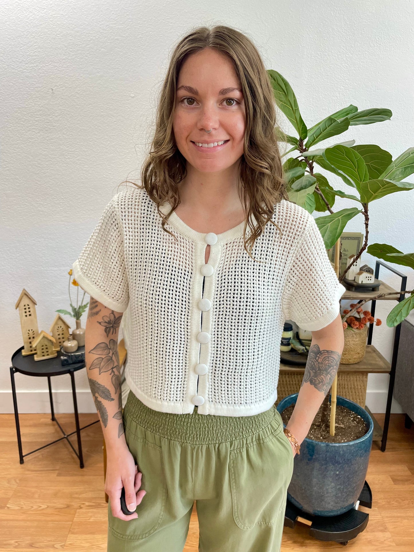 Cream Crochet Short Sleeve Cardigan