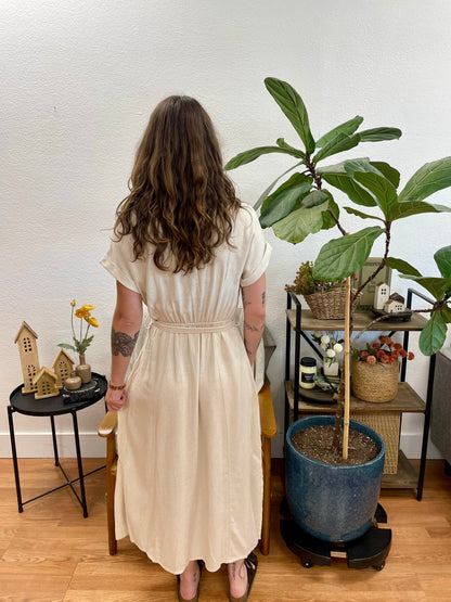 Natural Belted Linen Side Slit Maxi Dress