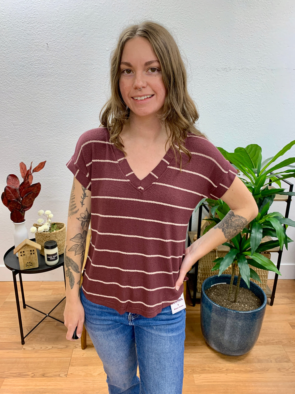 Burgundy Stripe Knit Top