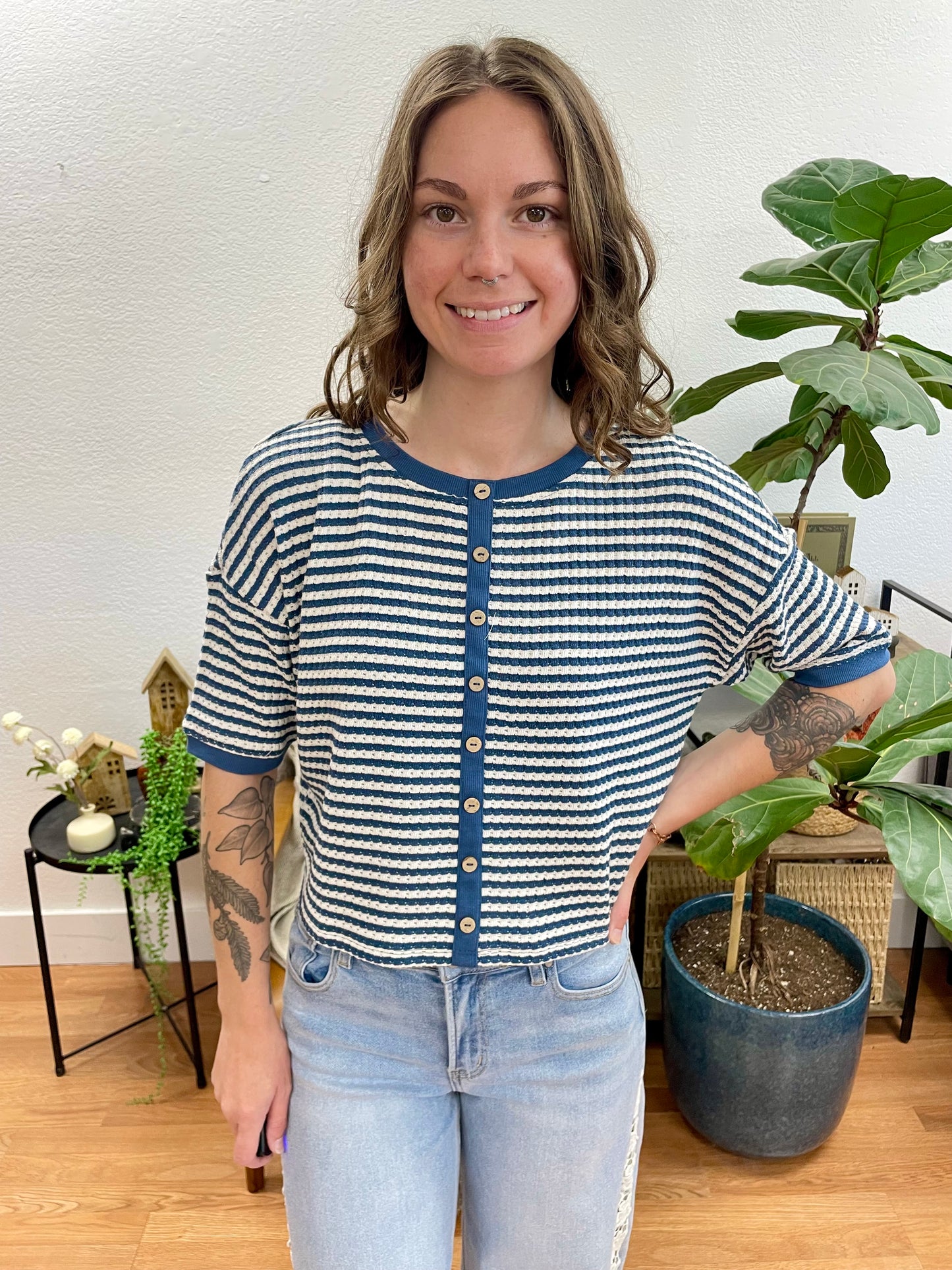 Denim Button Up Textured Top