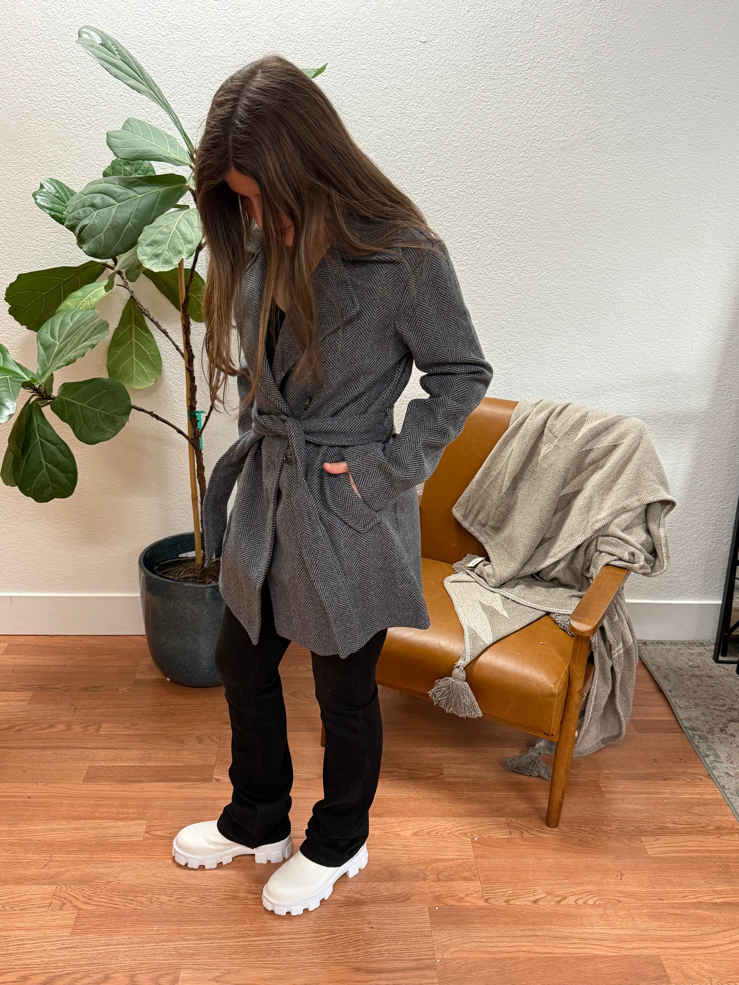 Black Herringbone Brush Trench Coat