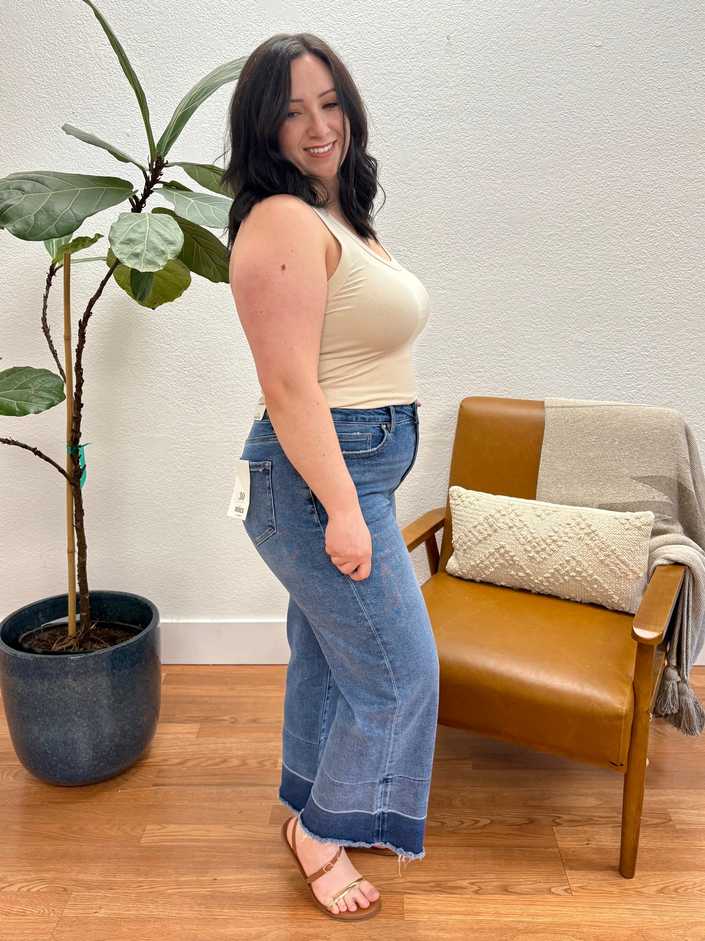Two Tone Blue High Rise Stretch Straight Crop Jeans