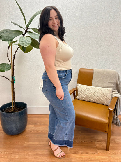 Two Tone Blue High Rise Stretch Straight Crop Jeans