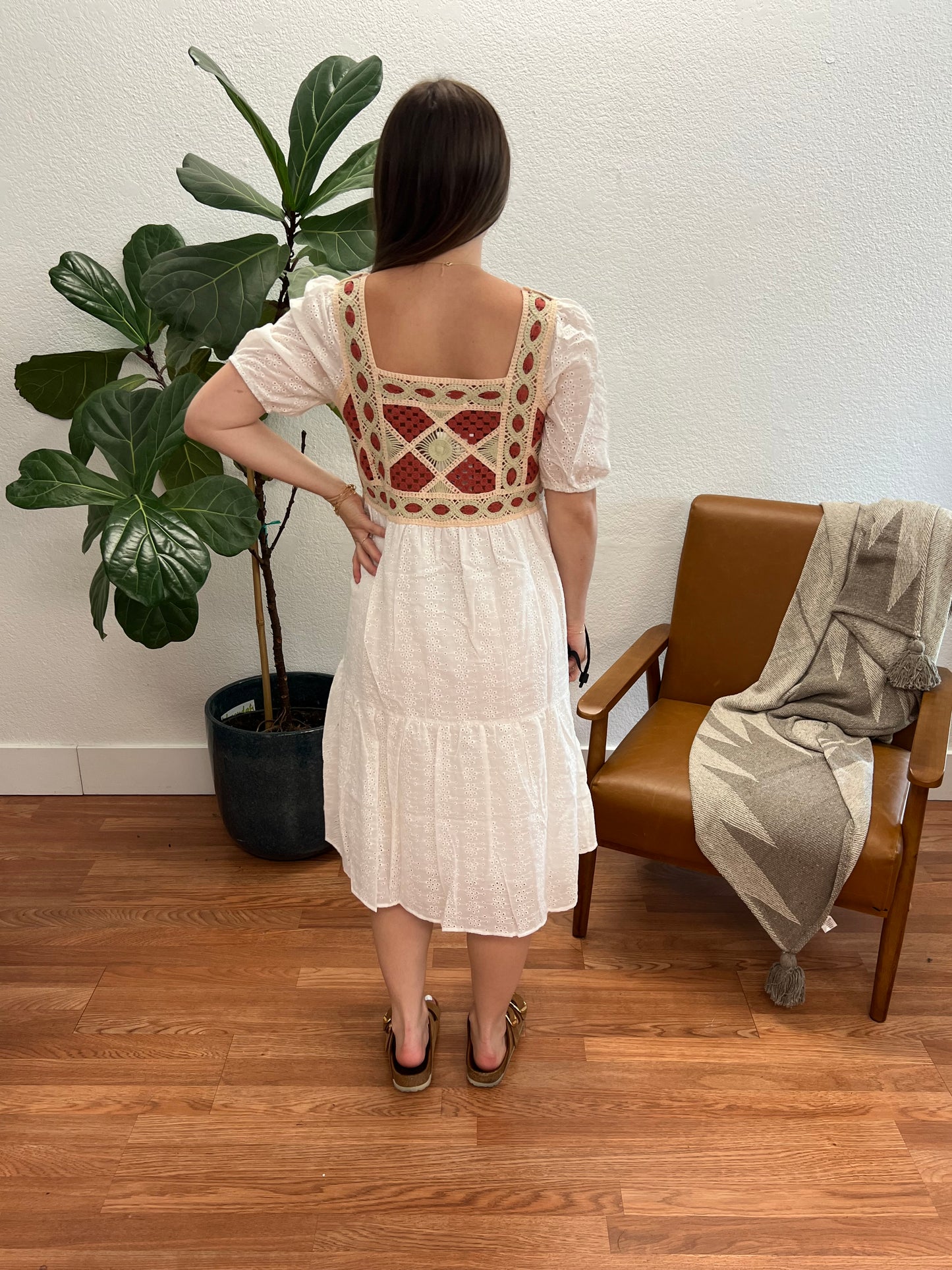 Off White Knitted Eyelet Midi Dress