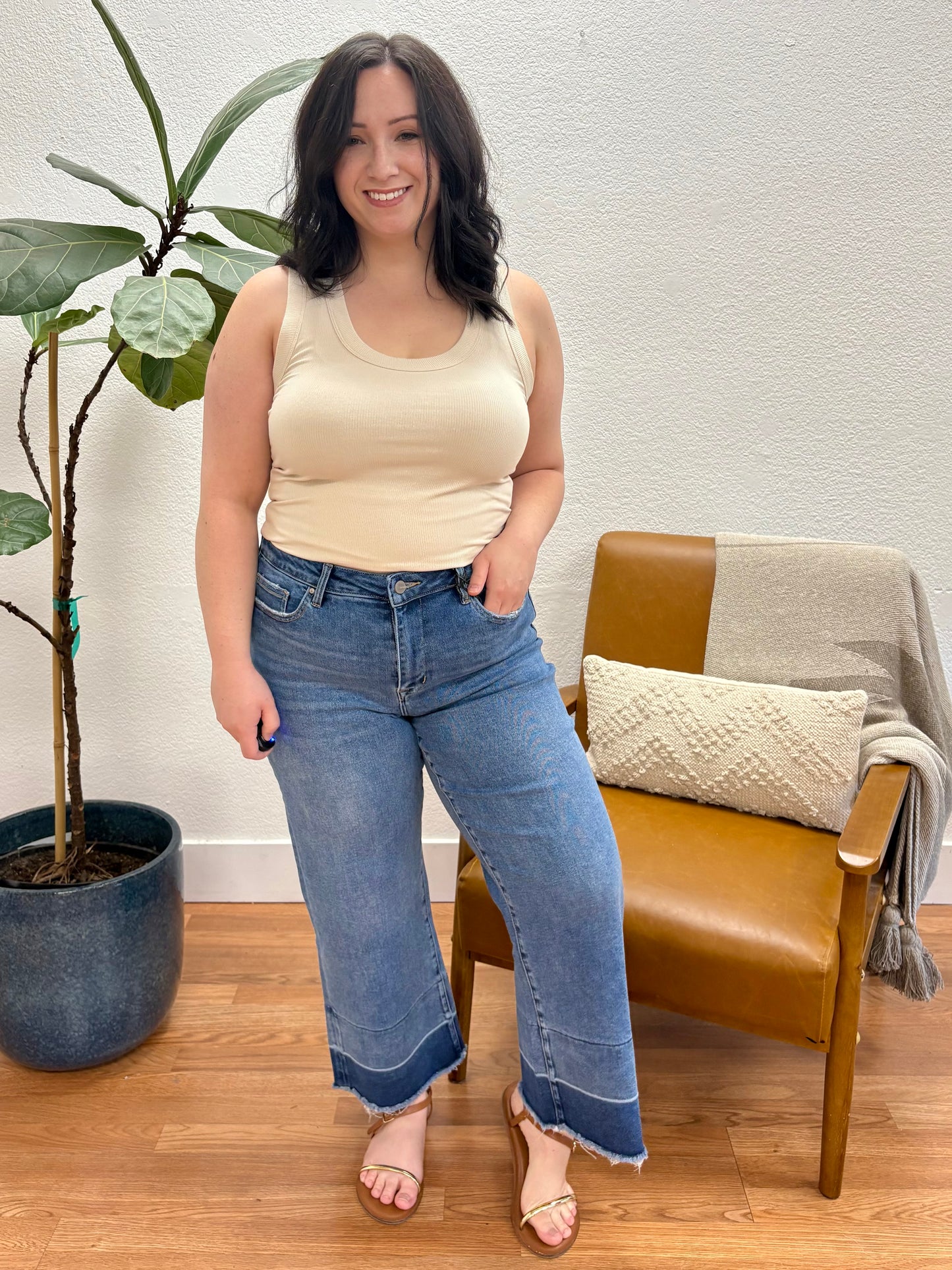 Two Tone Blue High Rise Stretch Straight Crop Jeans