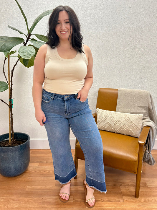 Two Tone Blue High Rise Stretch Straight Crop Jeans