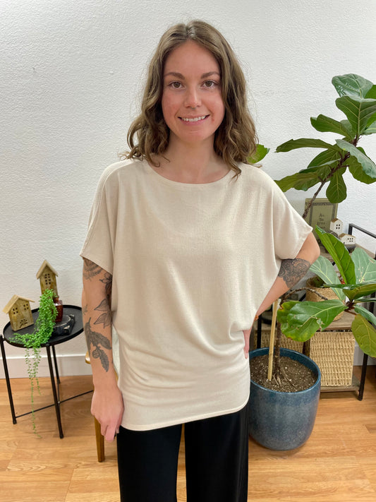 Sand Beige Dolman Sleeve Boat Neck Top