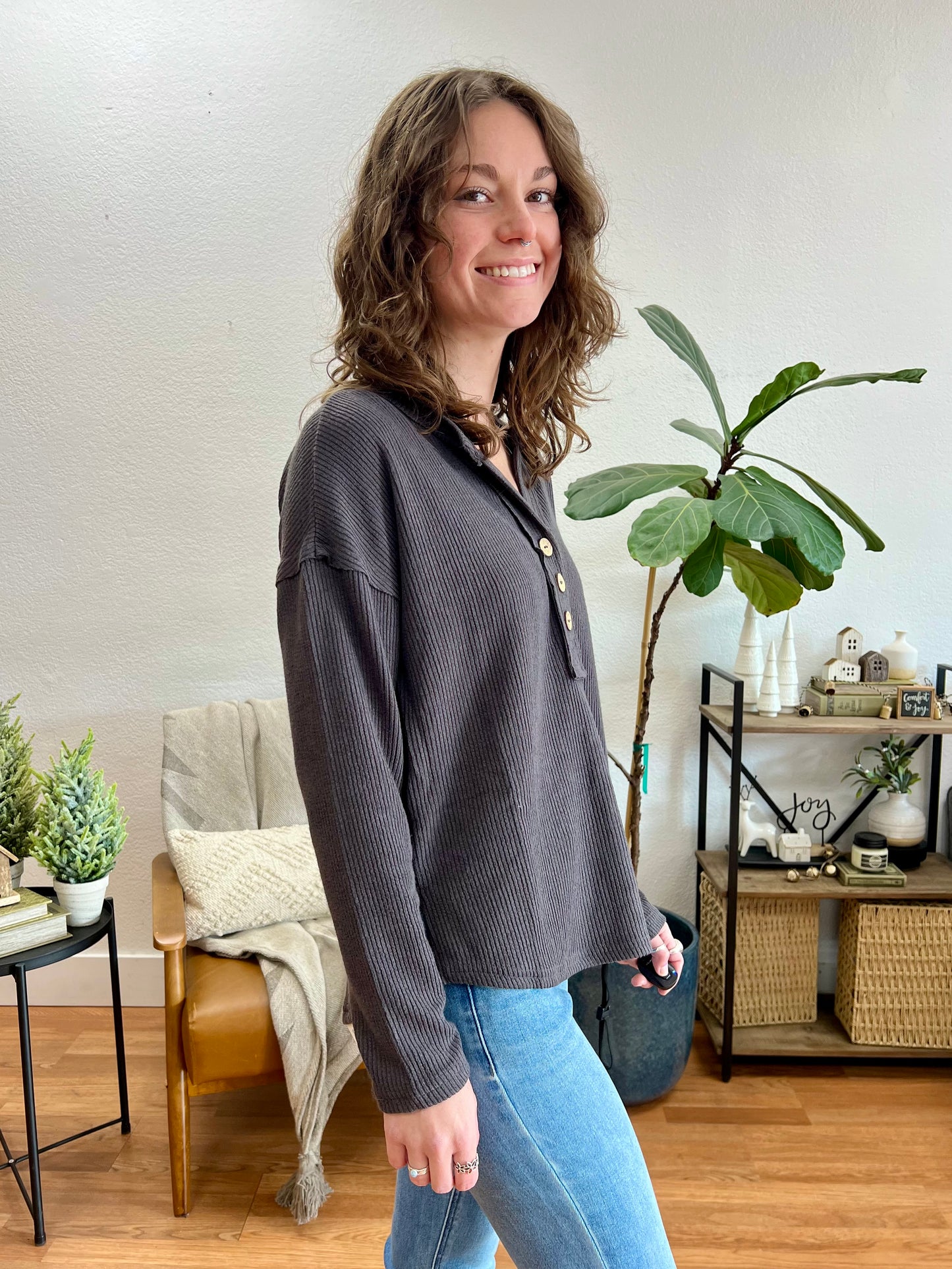 Navy Half Button V Neck Knit Top