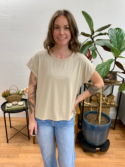 Bone Relaxed Top With Cuff Sleeves