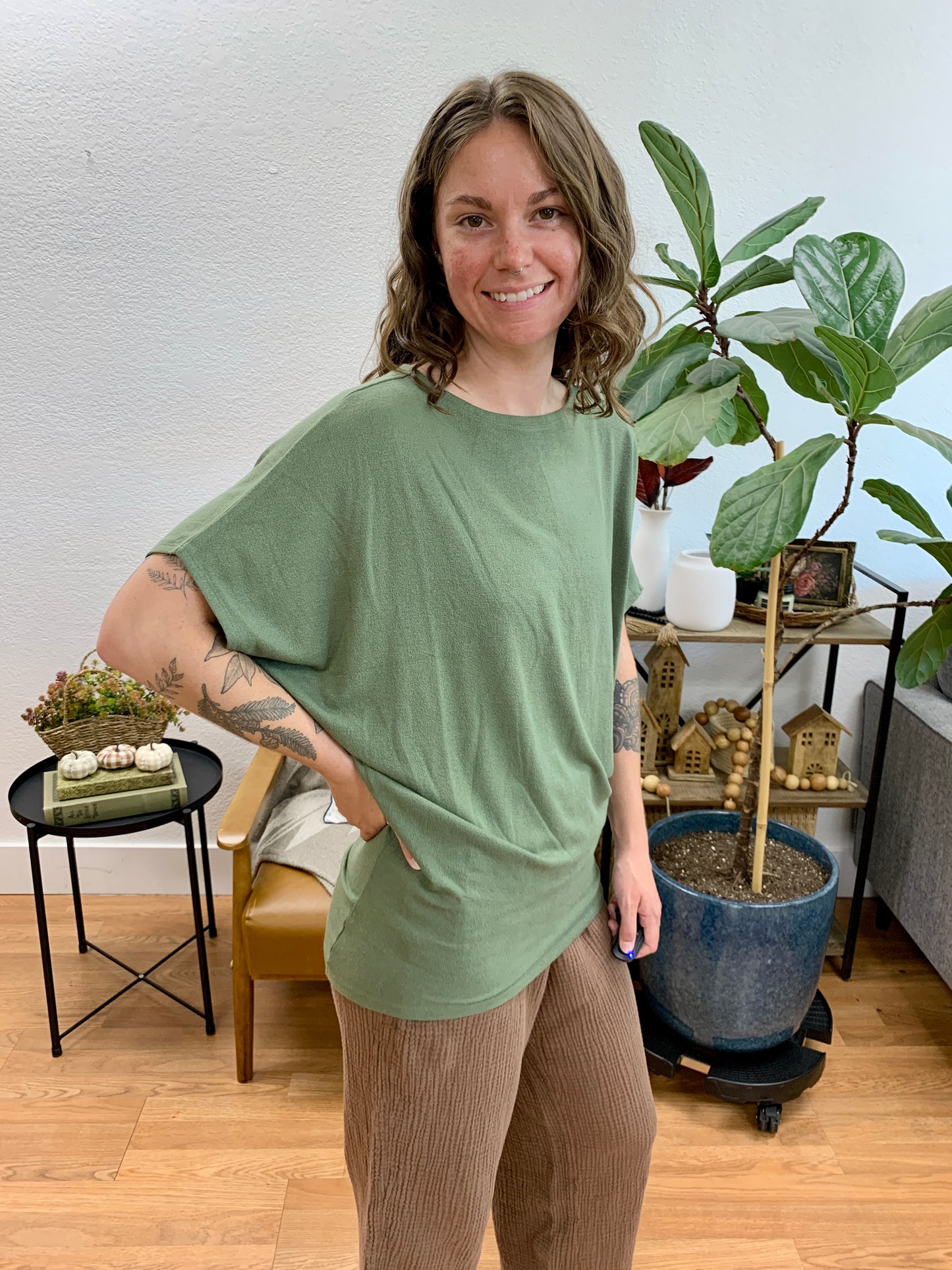 Olive Dolman Sleeve Boat Neck Top