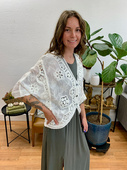 V-Neck Crochet Woven Roomy Fit Cardigan Top