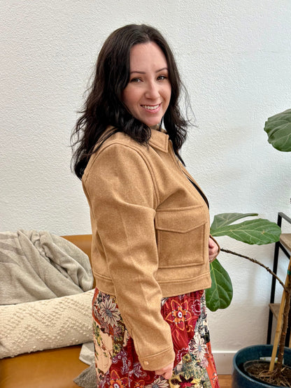 Camel Flat Pocket Zip Up Jacket