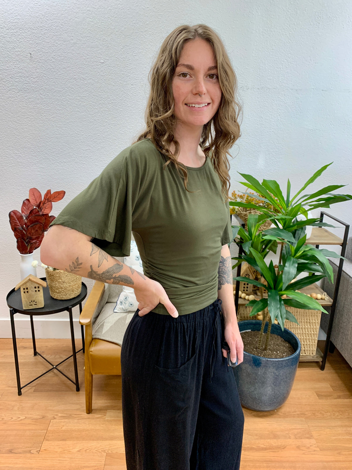 Olive Shirred Side Top