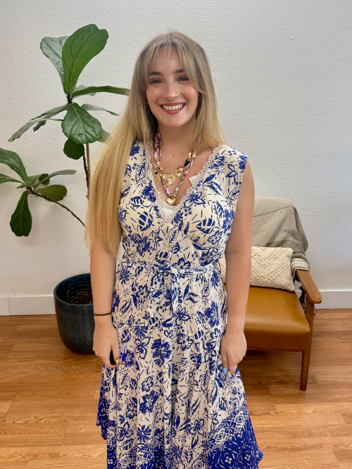 Ivory Blue Smock Back Maxi Dress
