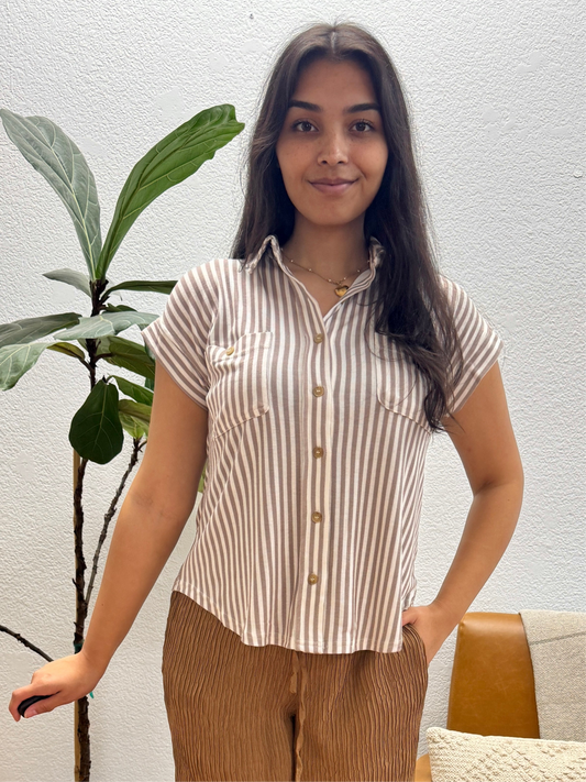 Mocha Stripe Button Down Top