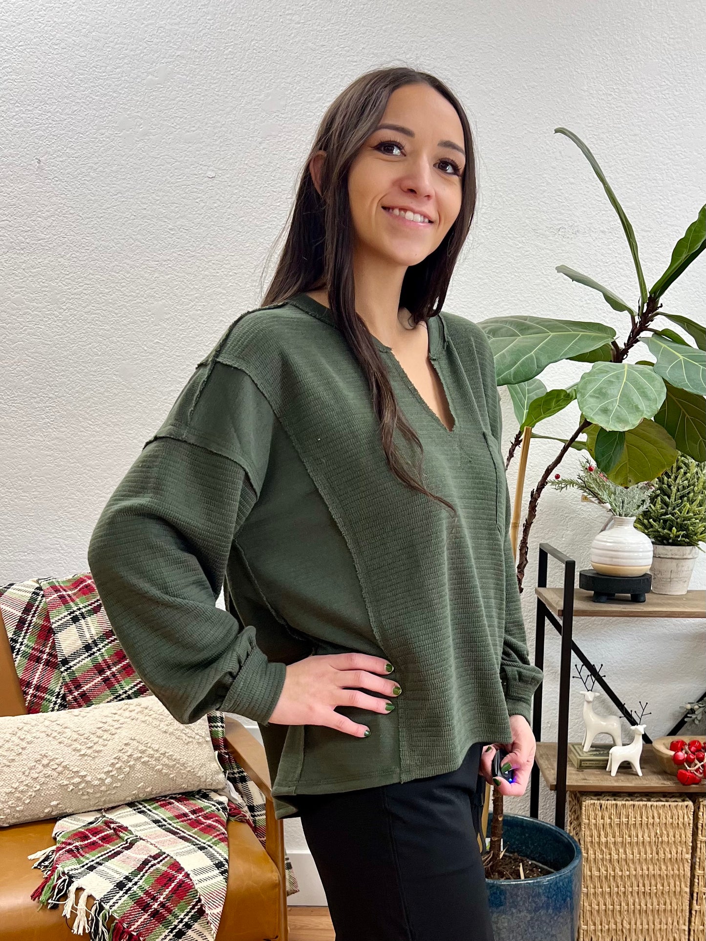 Dark Olive Patchwork Split Neck Knit Top
