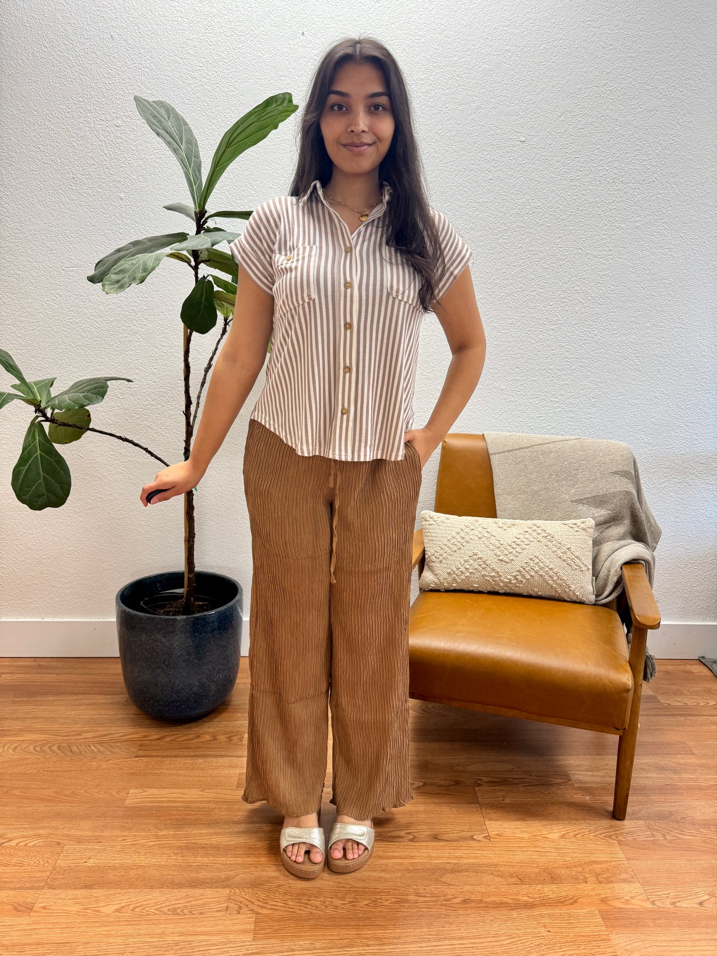 Mocha Stripe Button Down Top