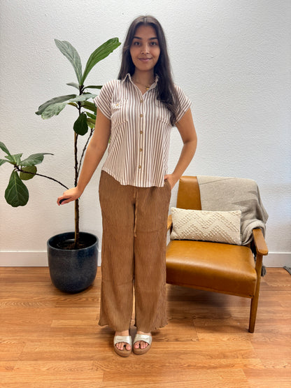 Mocha Stripe Button Down Top
