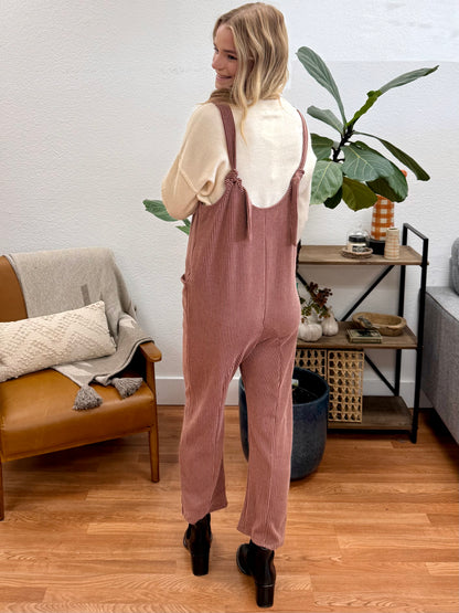 Rust Sleeveless Ribbed Jumpsuit