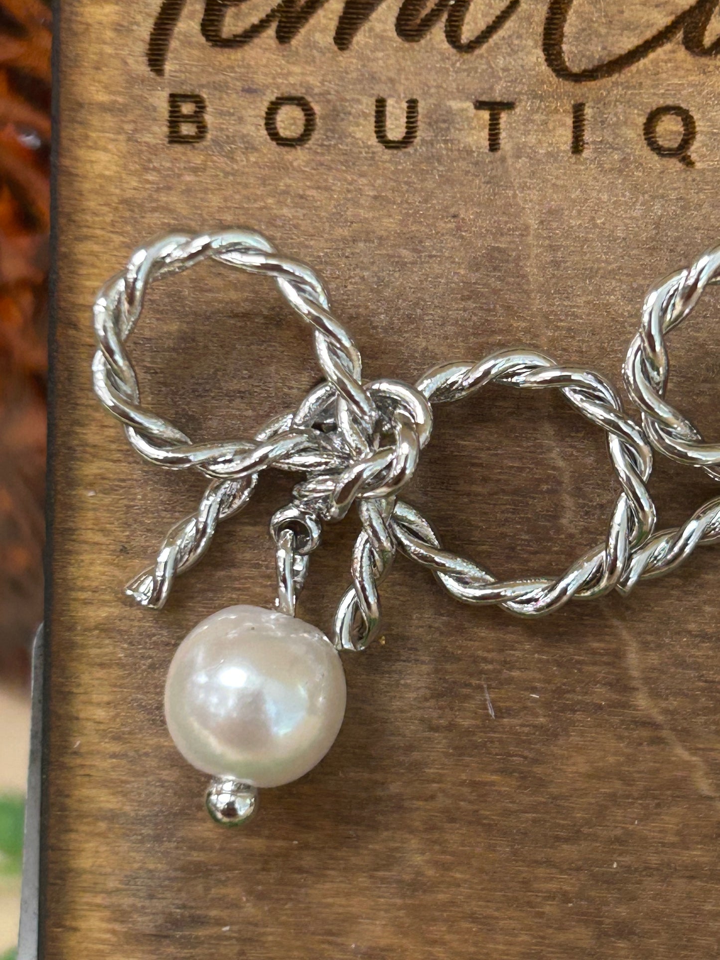 Twisted Ribbon Bow & Pearl Charm Stud Earrings