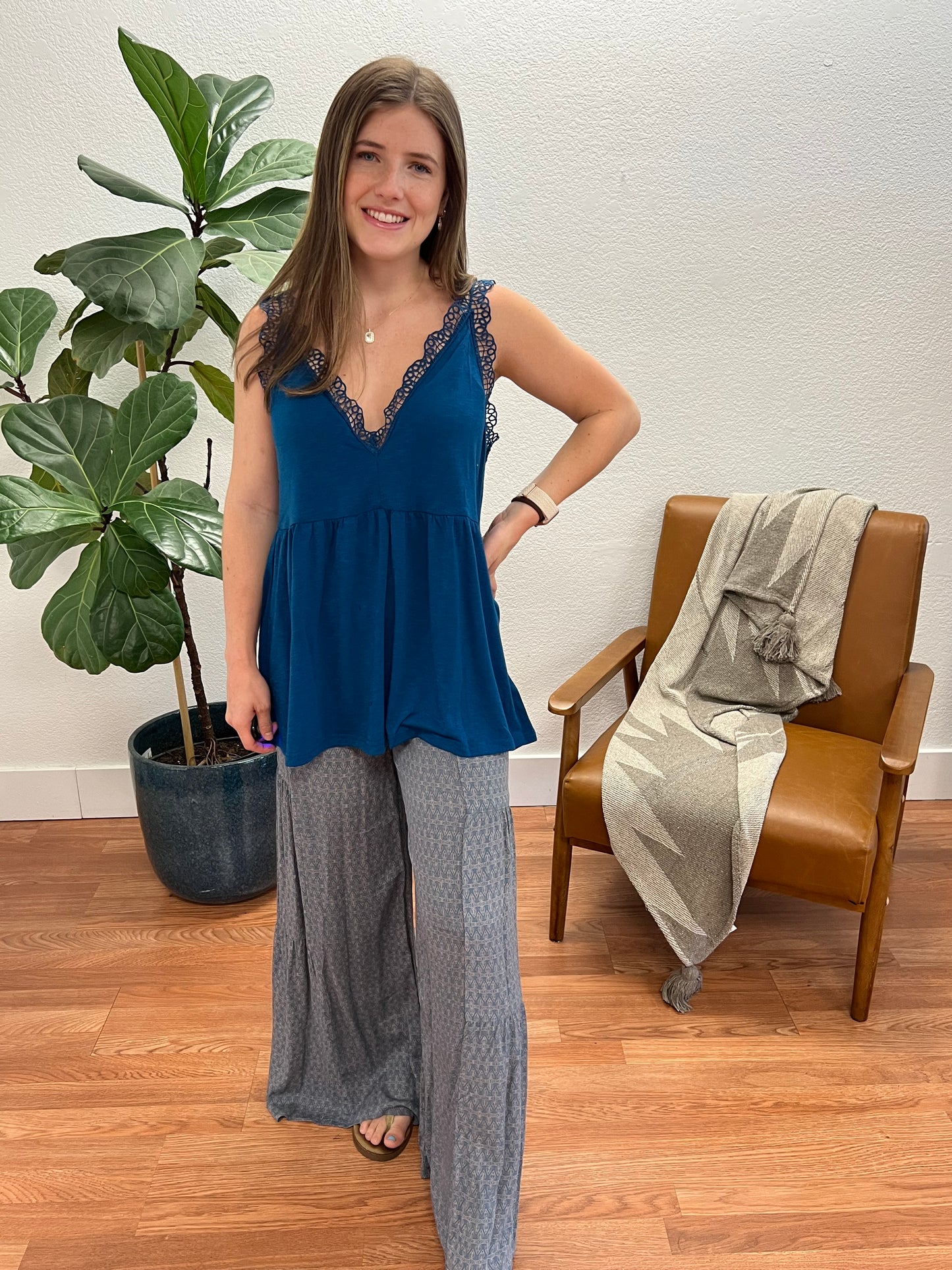 Blue Crochet Lace Trim Tank