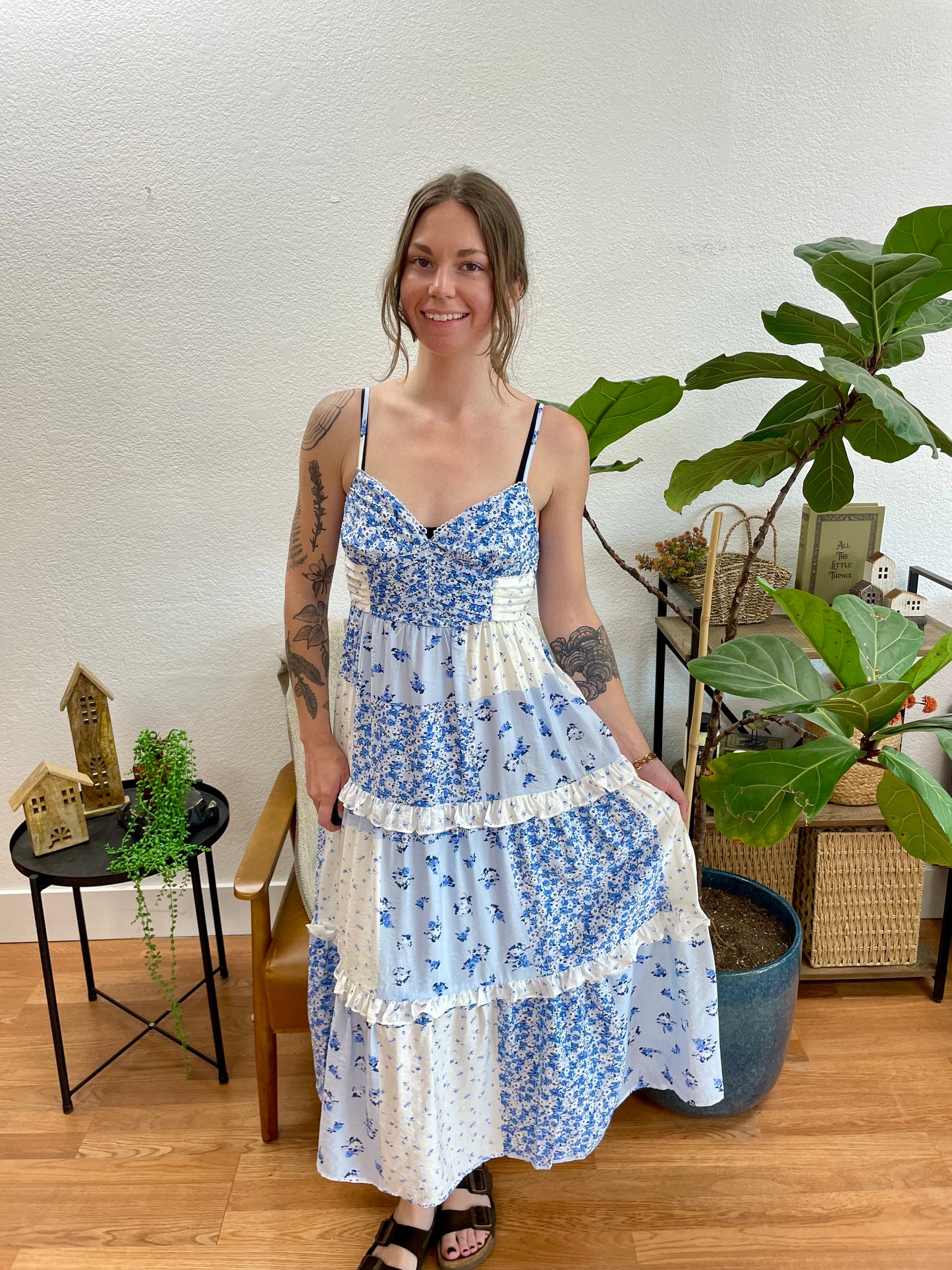 Blue Patchwork Midi Dress