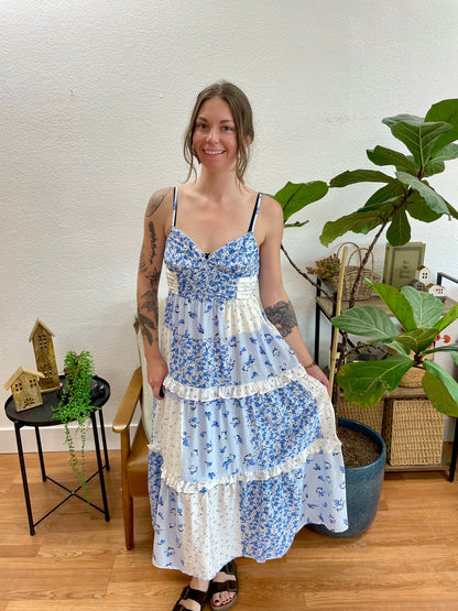 Blue Patchwork Midi Dress