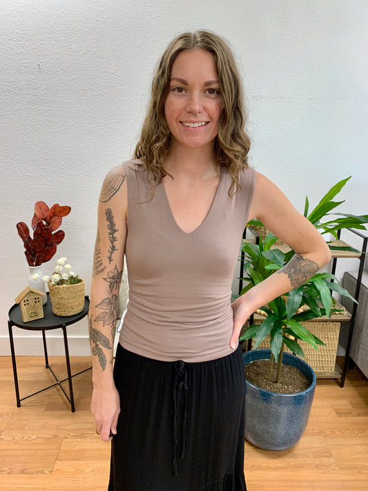 Mocha V Neck Wide Shoulder Top