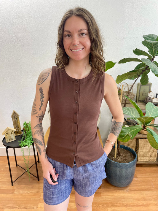 Chocolate Ribbed Button Up Tank