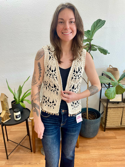 Beige Knitted Open Front Vest - Terra Cottage