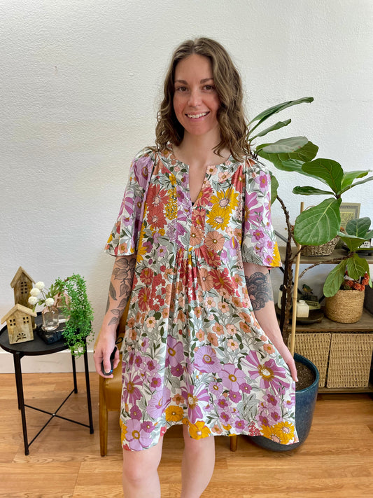 Lavender Floral Pleated Dress