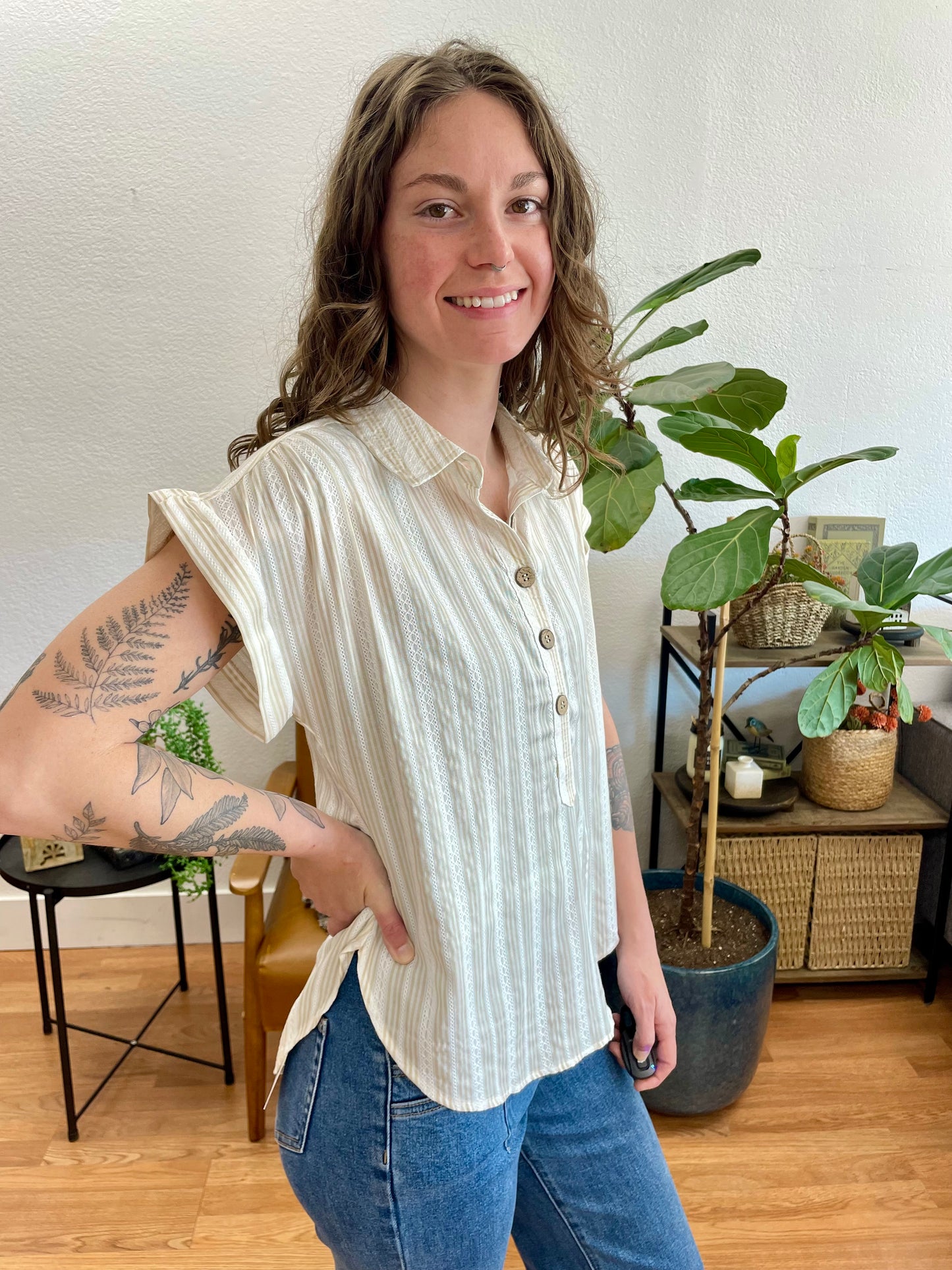 Khaki Striped half Button Collared top