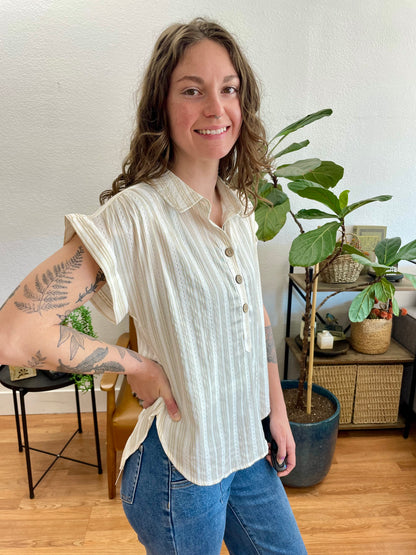 Khaki Striped half Button Collared top