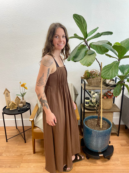 Brown Pintuck Midi Dress