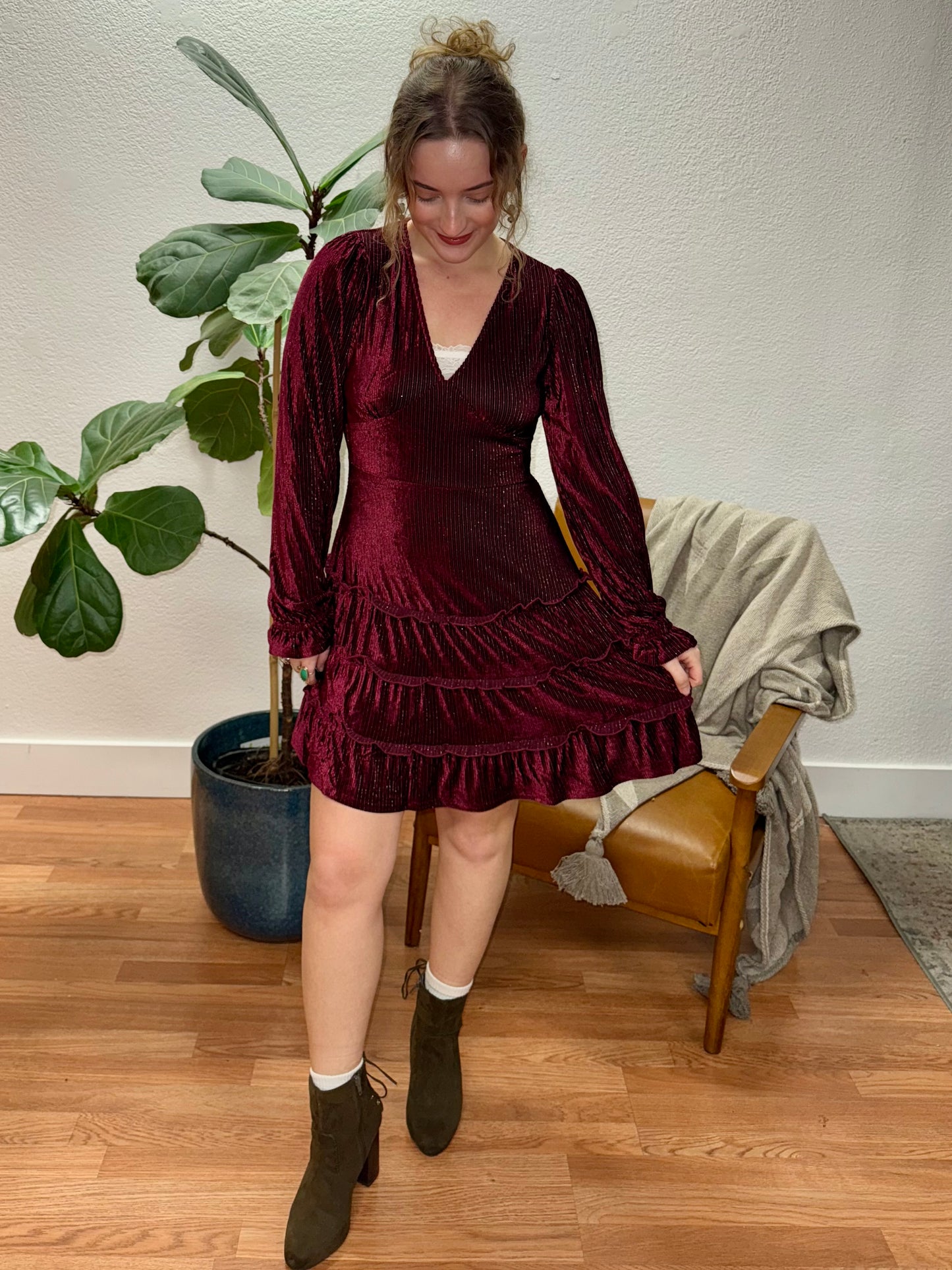 Wine Textured Velvet Mini Dress