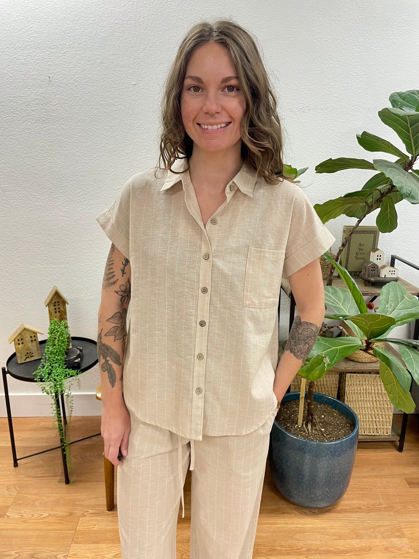 Khaki Stripe Linen Button Up