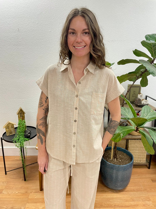 Khaki Stripe Linen Button Up