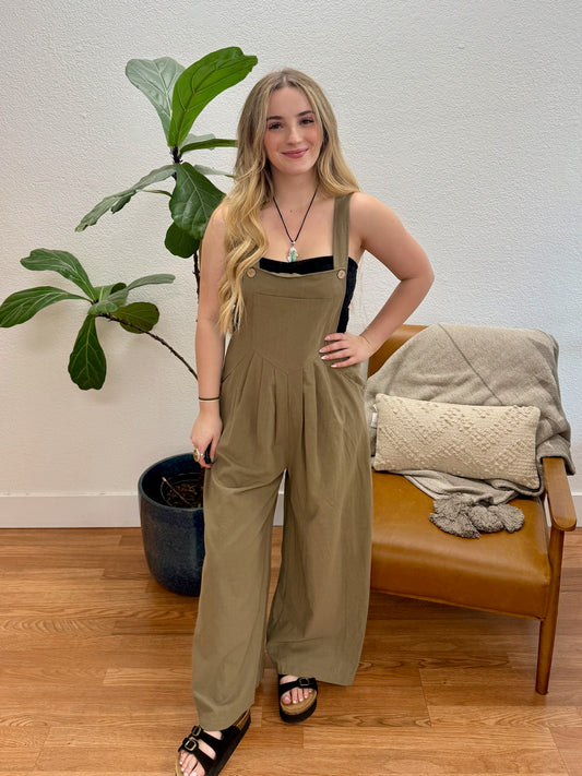 Olive Pintuck Detail Overalls