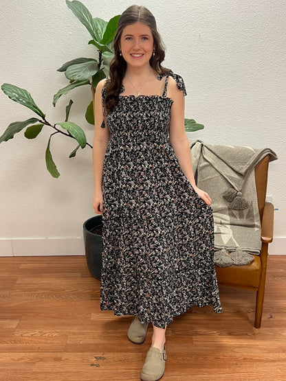 Black Florals Smocked Maxi Dress