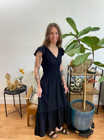 Black V-Neck Shirred Midi Dress