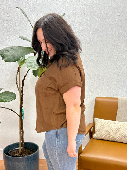 Brown Fold Sleeve Button Down Top