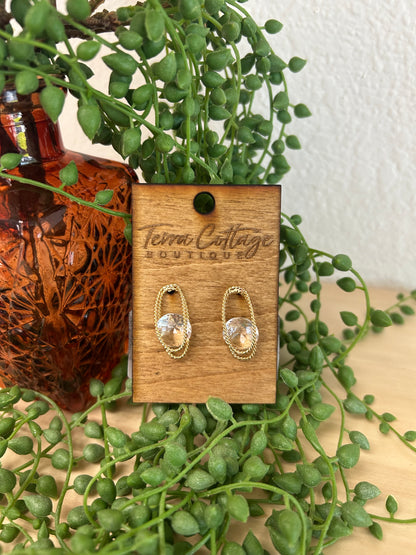 Gold Metallic Oval Rope & Gem Stud Drop Earrings