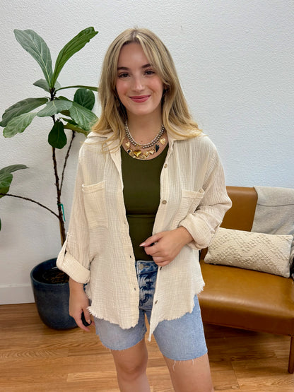 Sand Double Gauze Button Down Top