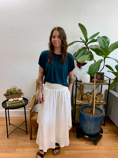 White Smocked Midi Skirt